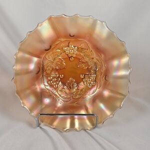 Vintage Dugan Golden Grape Marigold Carnival Glass Ruffled Bowl.